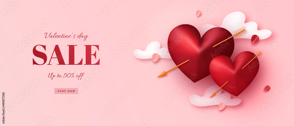 Happy valentine's day sale banner with realistic hearts, arrows and clouds. Festive horizontal background. Vector illustration