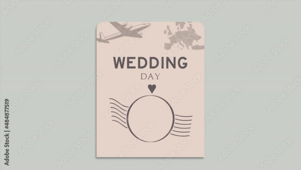 Wedding Day with vintage passport with map and airplane, motion