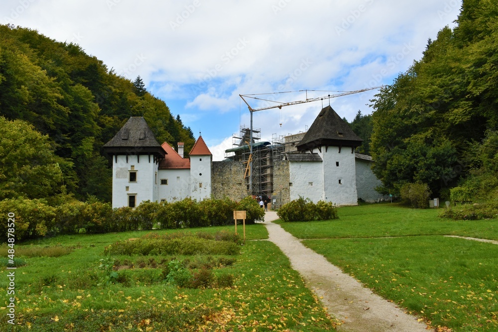 View of and old medieval monastery complex with the central part under renovation at Zicka kartuzija near Slovenske konjice, Slovenia