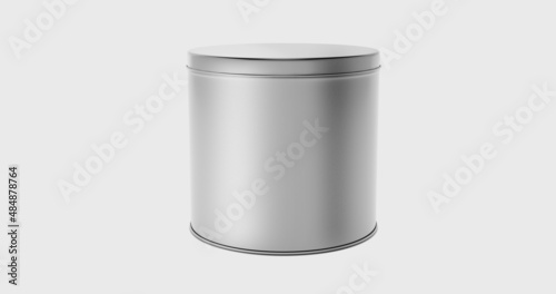 Metal tin box on isolated white background. 3D realistic mockup of tall and round box for tea, snack, candies and coffee.
