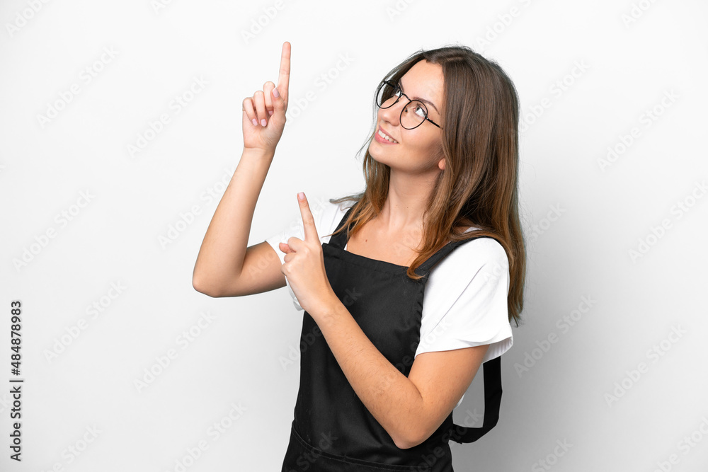 Young caucasian restaurant waiter woman isolated on white background pointing with the index finger a great idea Young caucasian restaurant waiter woman isolated on white background pointing with the index finger a great idea