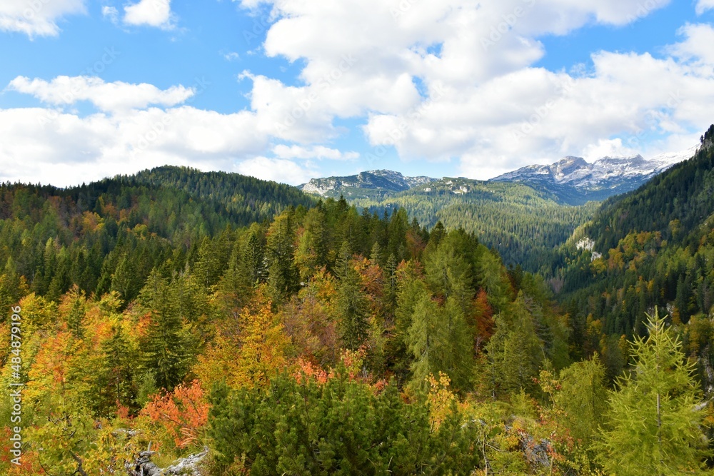 Panoramic view of mountains in Julian alps and Triglav national park, Slovenia in autumn with the broadleaf trees in yellow and red colors