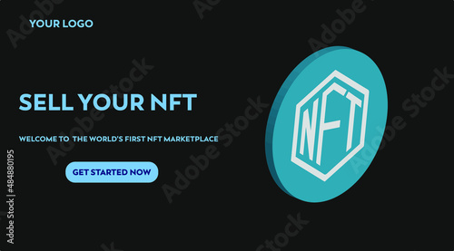 NFT non fungible tokens banner logo for business technology, cryptocurrency, blockchain, unique digital items, crypto art and digital asset. futuristic vector landing page concept background