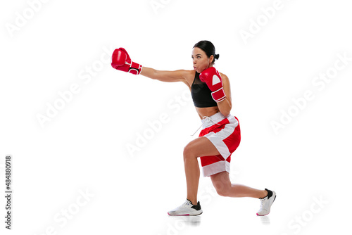 Dynamic portrait of young girl, professional boxer practicing in boxing gloves isolated on white studio background. Concept of sport, studying, competition © master1305