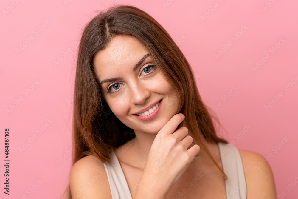 Portrait caucasian woman isolated on pink background . Portrait Portrait caucasian woman isolated on pink background . Portrait