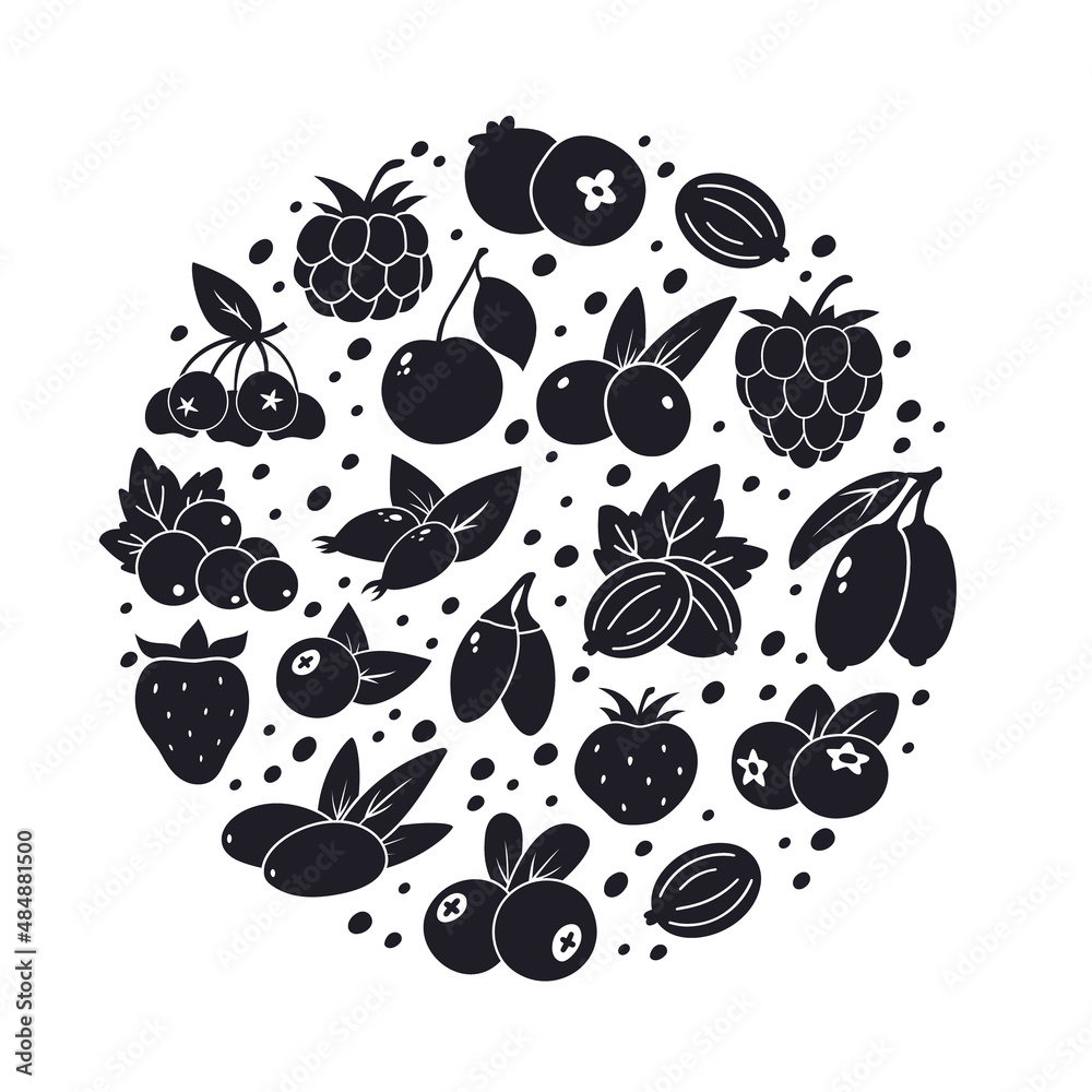 Berries with leaves, graphic round illustration. Black silhouette elements. Cherry, blueberry, blackberry, cranberry, lingonberry, currant, gooseberry. Contour vector icons on white background Berries with leaves, graphic round illustration. Black silhouette elements. Cherry, blueberry, blackberry, cranberry, lingonberry, currant, gooseberry. Contour vector icons on white background