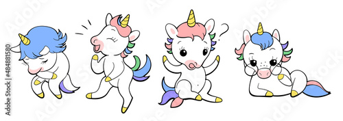 Set of cute unicorns in kawaii style. Cartoon pony sticker design. Vector emoji.