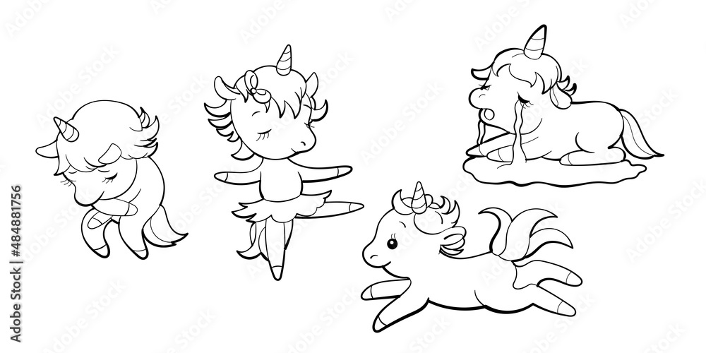 Set of cute unicorns in kawaii style. Cartoon pony sticker design. Vector emoji.