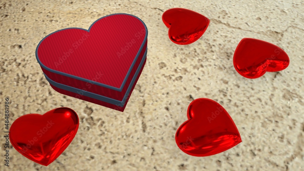 Fototapeta premium A red gift box in the shape of a heart on the concrete floor and red hearts made of jewelry stone. Jewelry box with lid. 3D image. 