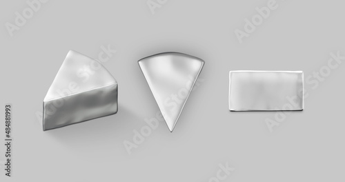 Cheese in a metallic wrapper. Triangular package. Illustration isolated. MockUp template ready for your design. High quality and realistic 3D illustration.