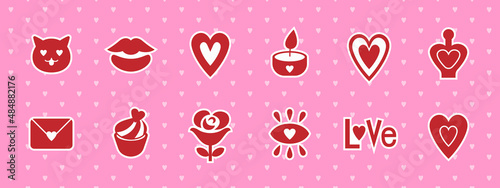 Red Valentine icon set. Love and romance attribute stickers.