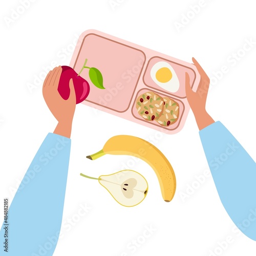 Person putting snacks in lunchbox. Lanchbox with coookies, egg. Human hand holding apple. Banana and pear on table. Healthy and delicious snack. For lunch in park, school. Colored flat cartoon vector 