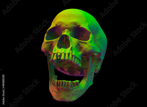 The Iridescent Human skull on Black Isolated Background. The concept art of death, horror. Design for print, poster. A symbol of spooky Halloween, Virus, immortal, pirate. 3d rendering illustration.