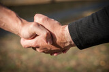 Closeup detail view of strong man hands handshake and greeting