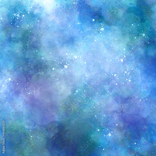 abstract night sky space watercolor background with stars. watercolor green blue nebula universe. Night sky with stars and nebula. watercolor hand drawn illustration. 