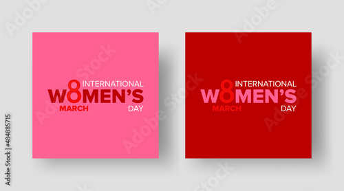 International Women's Day Square Banners for Social Media Post. Square Banner with Women's Day Logotype Text on Pink and Red Backgrounds. Vector Design Template for Women's Day 8 March