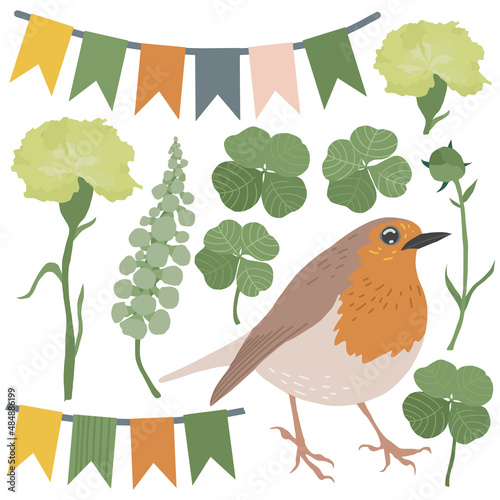 Cute spring collection of vector irish flowers and robin bird with four-leaf clovers,  festive garlands. 