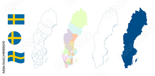 Sweden map. Detailed blue outline and silhouette. Administrative divisions and regions. Country flag. Set of vector maps. All isolated on white background. Template for design and infographics.