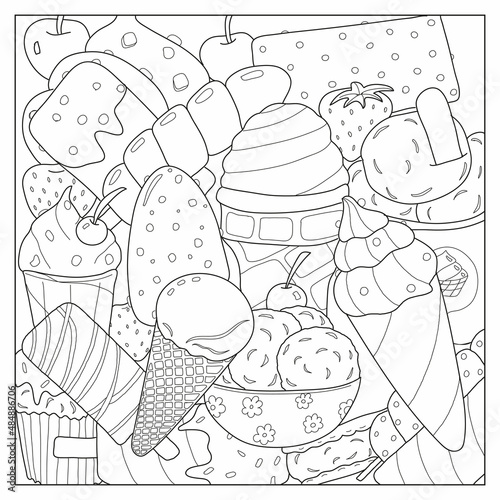 Cartoon ice cream coloring book. Hand drawn vector illustration.