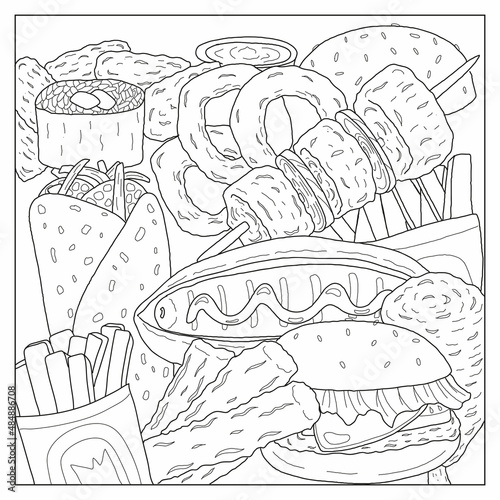 Fast food coloring page. Vector hand drawn illustration.
