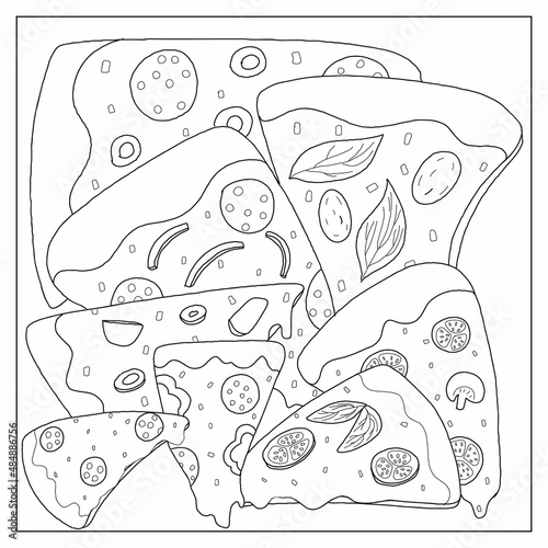Pizza slices coloring page. Vector hand drawn illustration.