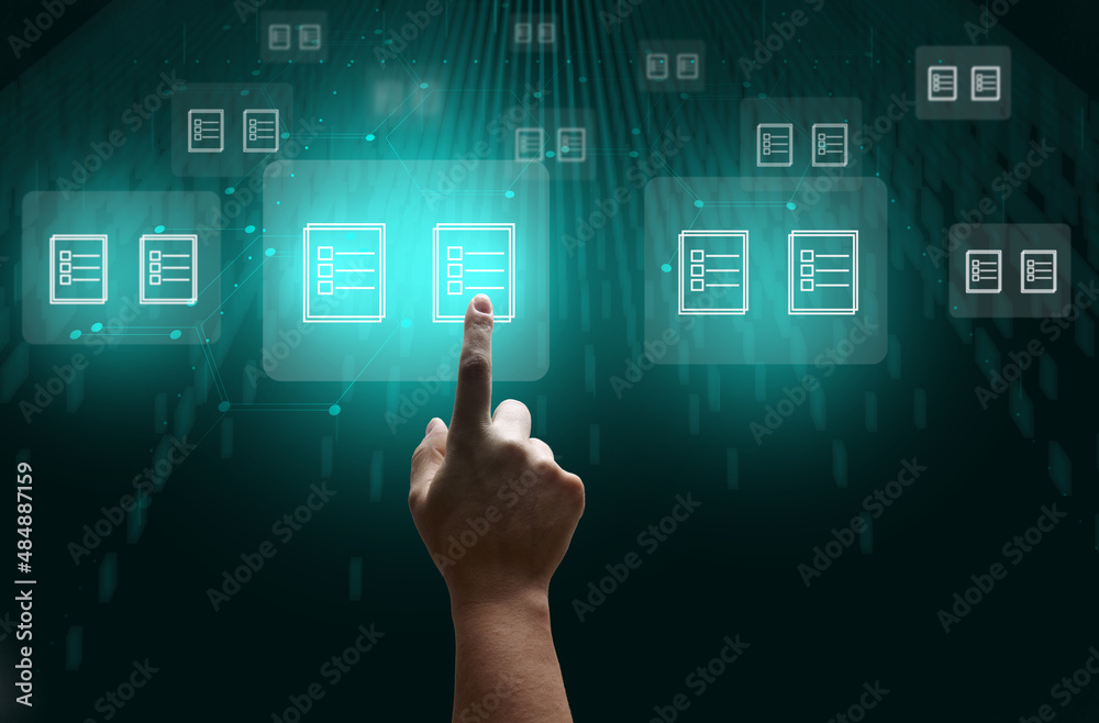 female hand checks documents on a holographic screen. The concept of compliance control, documents with a mark female hand checks documents on a holographic screen. The concept of compliance control, documents with a mark