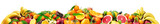 Panoramic photo with fresh fruits isolated on white