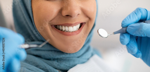 Smile Makeover. Closeup Of Smiling Woman In Hijab During Dental Check Up photo