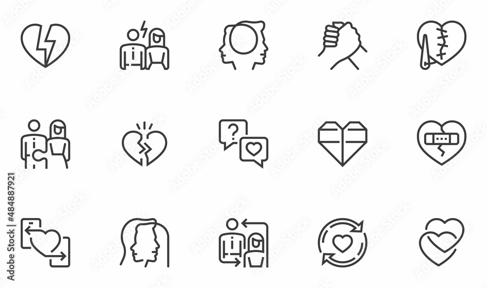 Set of Vector Line Icons Related to Relationships. Interactions, Equality, Relationship Breakup, Broken Heart. Editable Stroke. 48x48 Pixel Perfect.