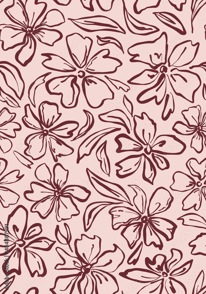 Bloom drawings seamless repeat pattern. Hand drawn, vector flowers and leaves outlined all over print background. Bloom drawings seamless repeat pattern. Hand drawn, vector flowers and leaves outlined all over print background.