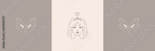Logos for business in the beauty, health, personal care industry. Linear stylized image of a female face and hands. Logo for a beauty salon, make-up artist, young girl. Abstract faces. magic hands