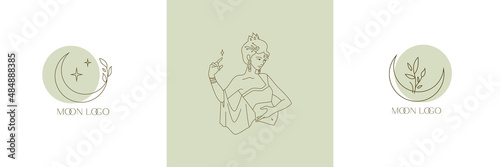Logos for business in the beauty, health, personal care industry. Linear image of the eastern princess and the moon. Magic dance. Logo for beauty salon, health industry, makeup artist, young girl.