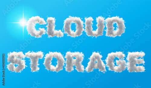 Vector illustration. printed inscription Cloud Storage made of white clouds on a blue background.