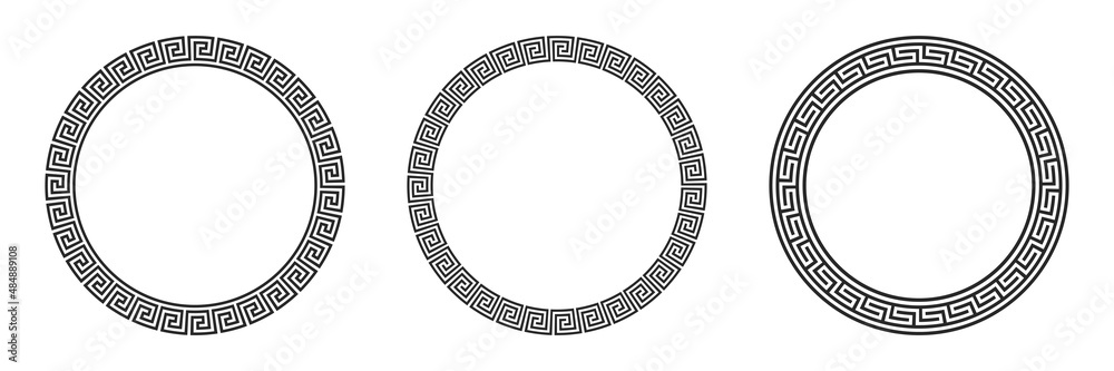Greek circle frames set. Vintage ornaments silhouettes isolated on white. - obrazy, fototapety, plakaty 