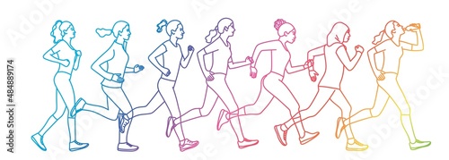 Group running women. Hand drawn vector illustration.