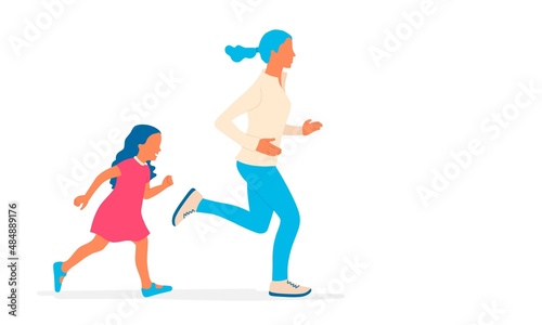 Mother and daughter, older and younger sisters run.