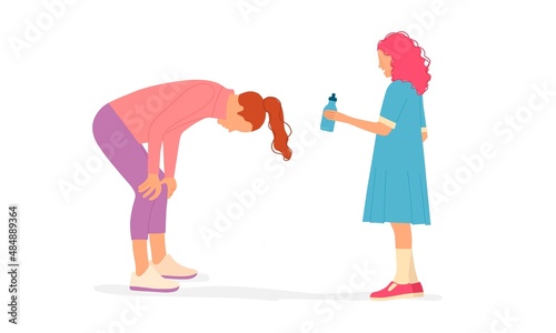 Girl giving a bottle of water to an athlete. Mother and daughter, sisters.