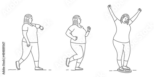 Fat woman in sportswear doing fitness.
