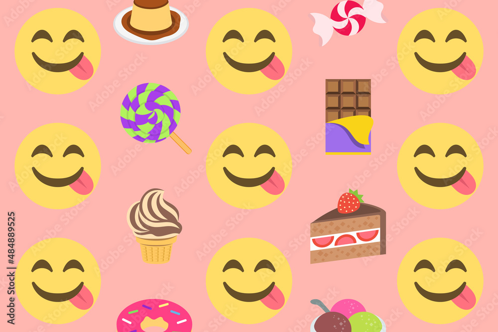 savouring delicious food faces emoji and chocolate,ice cream,lollipop and other sweet food pattern on pink background,vector illustration savouring delicious food faces emoji and chocolate,ice cream,lollipop and other sweet food pattern on pink background,vector illustration