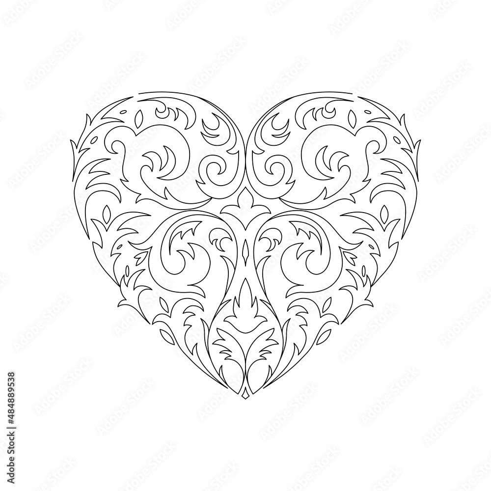 Outline black and white illustration, romantic heart with floral ornament.