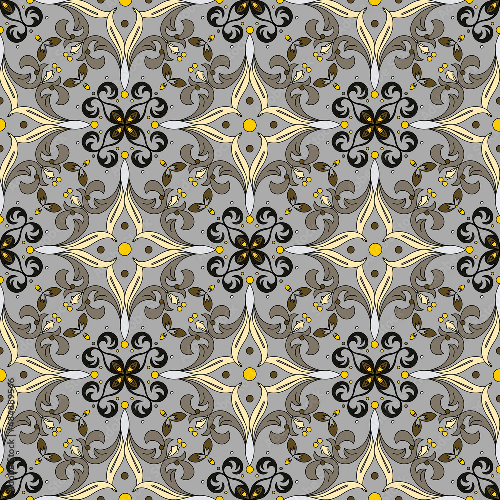 Luxurious seamless pattern in gray and yellow colors. Oriental background in baroque style, beautiful vintage decorative elements.
