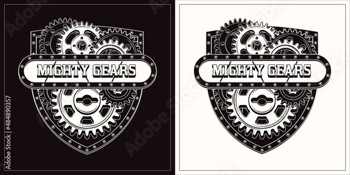Vintage label in the shape of crest with black, white gears, metal rail, rivets, horizontal space for text. Monochrome emblem for repair service in steampunk style.