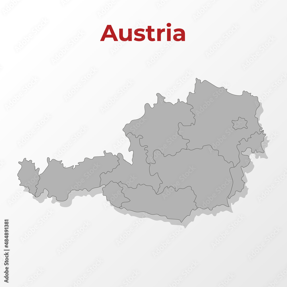 A modern map of Austria with a division into regions, on a gray background with a red title.