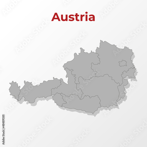 A modern map of Austria with a division into regions  on a gray background with a red title.