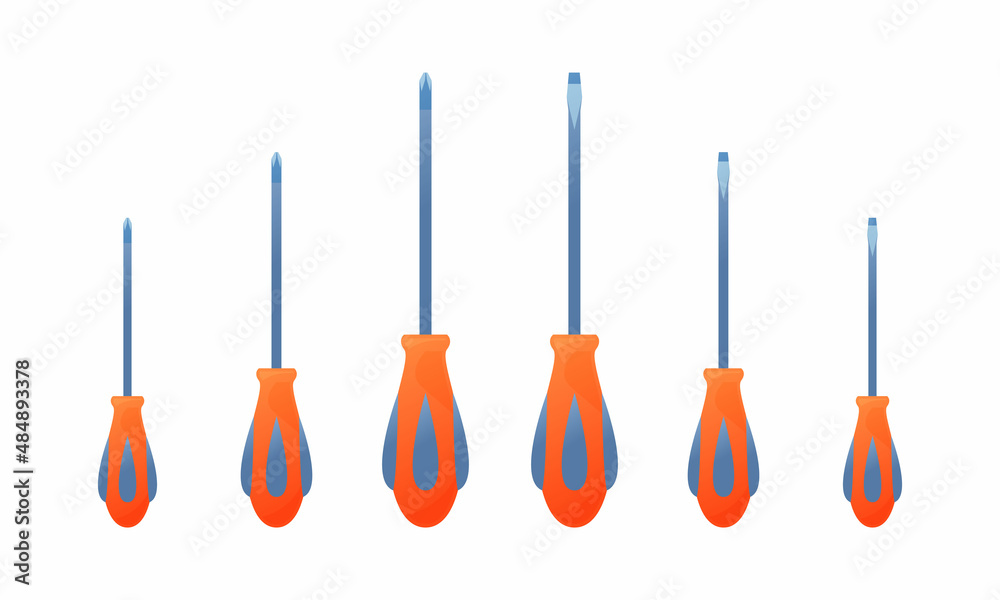 Naklejka premium Vector illustration crosshead and flathead phillips screwdrivers isolated on white background. Set of different size screwdrivers icons in flat cartoon style. Professional instrument. Maintenance tool