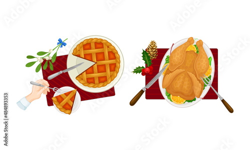 Christmas Eve traditional dishes set. Top view of pie and roasted turkey festive dishes served on plate vector illustration