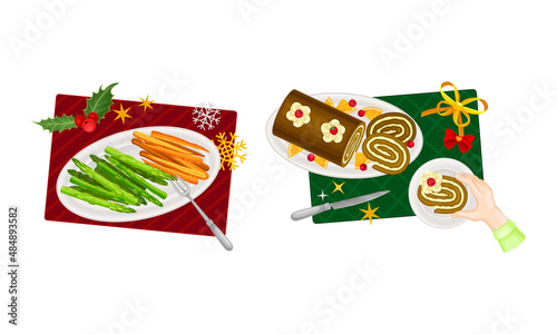Christmas dinner table. Top view of traditional festive dishes served on plates vector illustration