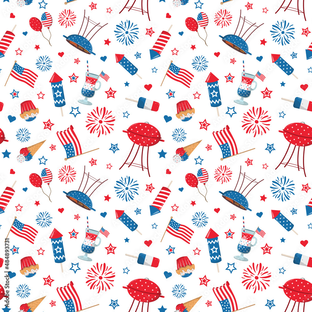 Fourth of July and Memorial day party seamless pattern. Isolated on a white background. 4th of July, Independence Day themed design.