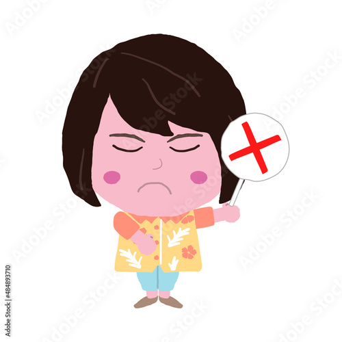 バツ札を持つ沖縄のかりゆしウェアを着た女性　イラスト素材