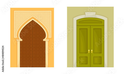 Vintage style wooden closed doors set. Classic faacades architactural design, front doorway exterior vector illustration